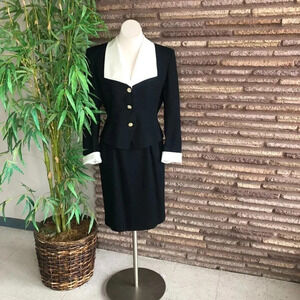 Saville Vintage Black Wool Ivory Satin Collar Formal Dressy Suit Jeweled Buttons